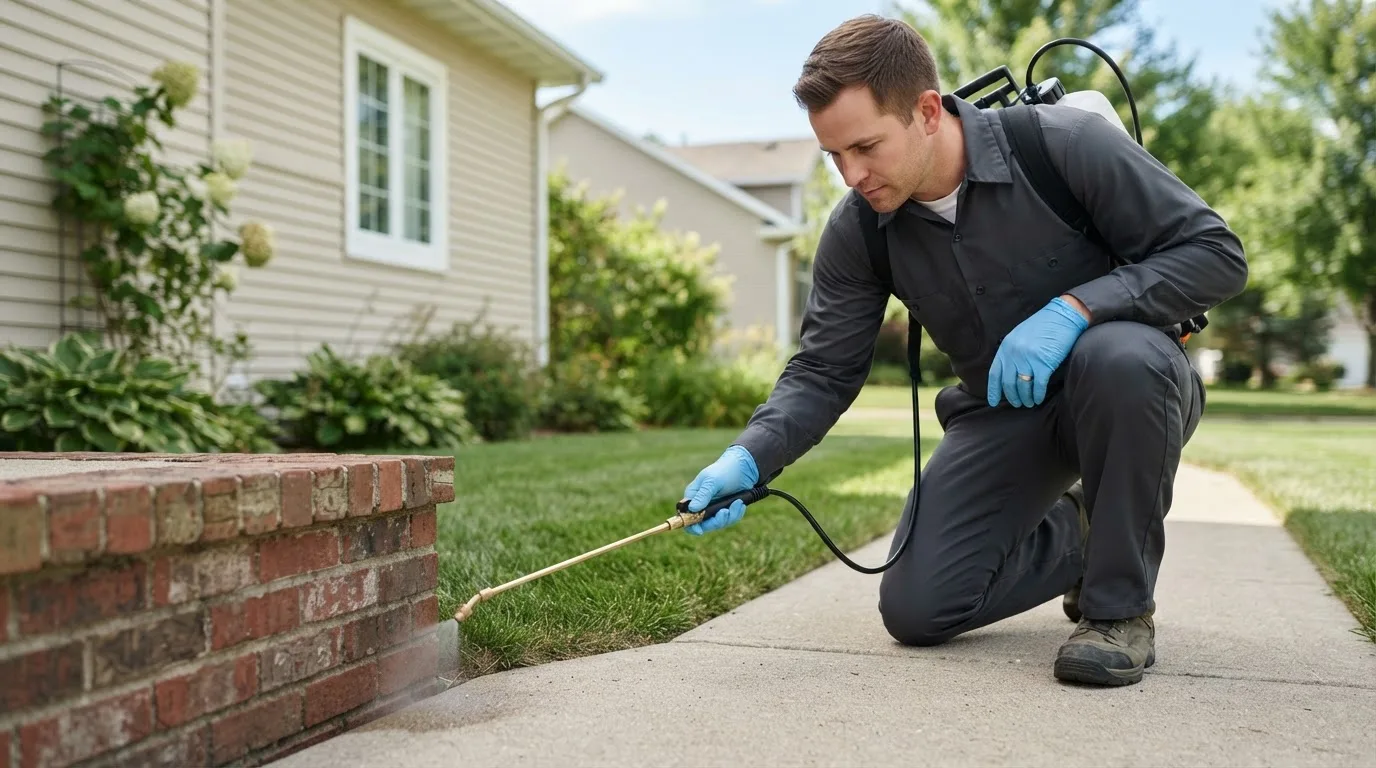Pest control technician treating a home near Dudley, MA